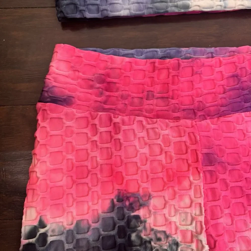 AQ-SPORT 2 Pc Matching Workout Set Sports Bra Biker Shorts Tie Dye Honeycomb M